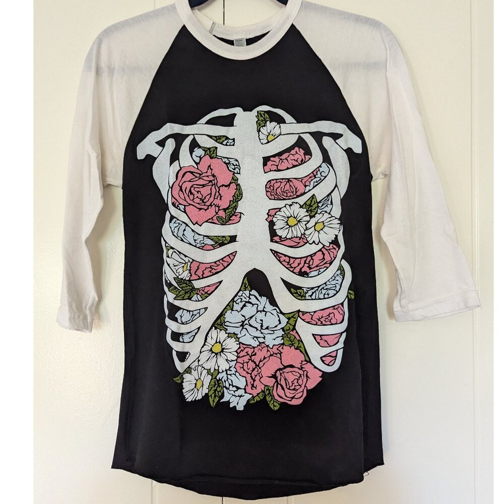 💐🩻 Floral Ribcage Black/White Baseball Tee by Wicked Clothes | XS